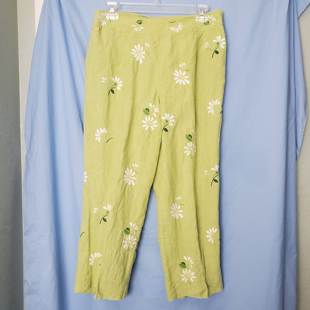 Talbots Irish Linen Chartruese Daisy Embroidered Woman's Cropped Pants Sz 12